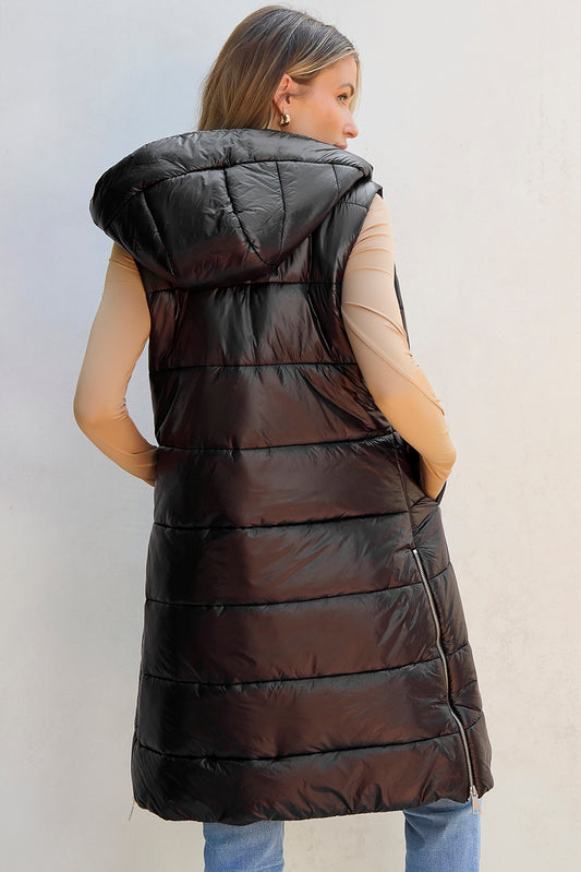 Black Hooded Long Quilted Vest Coat