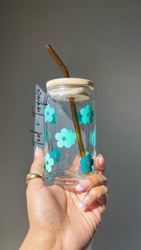 Retro flower glass cup 16oz