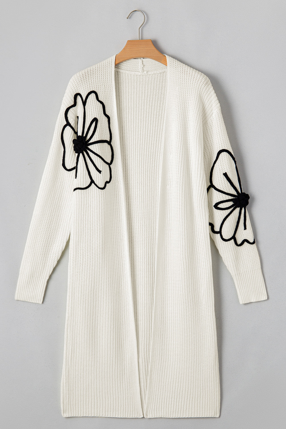 Beige Flower Embroidered Drop Shoulder Open Front Duster Cardigan