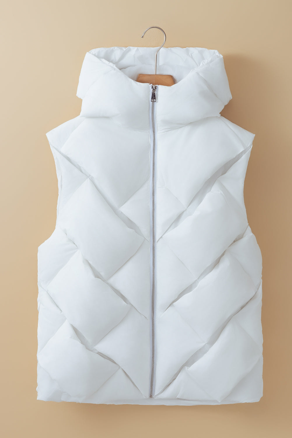 White Quilted Zipper Front Hooded Vest Coat