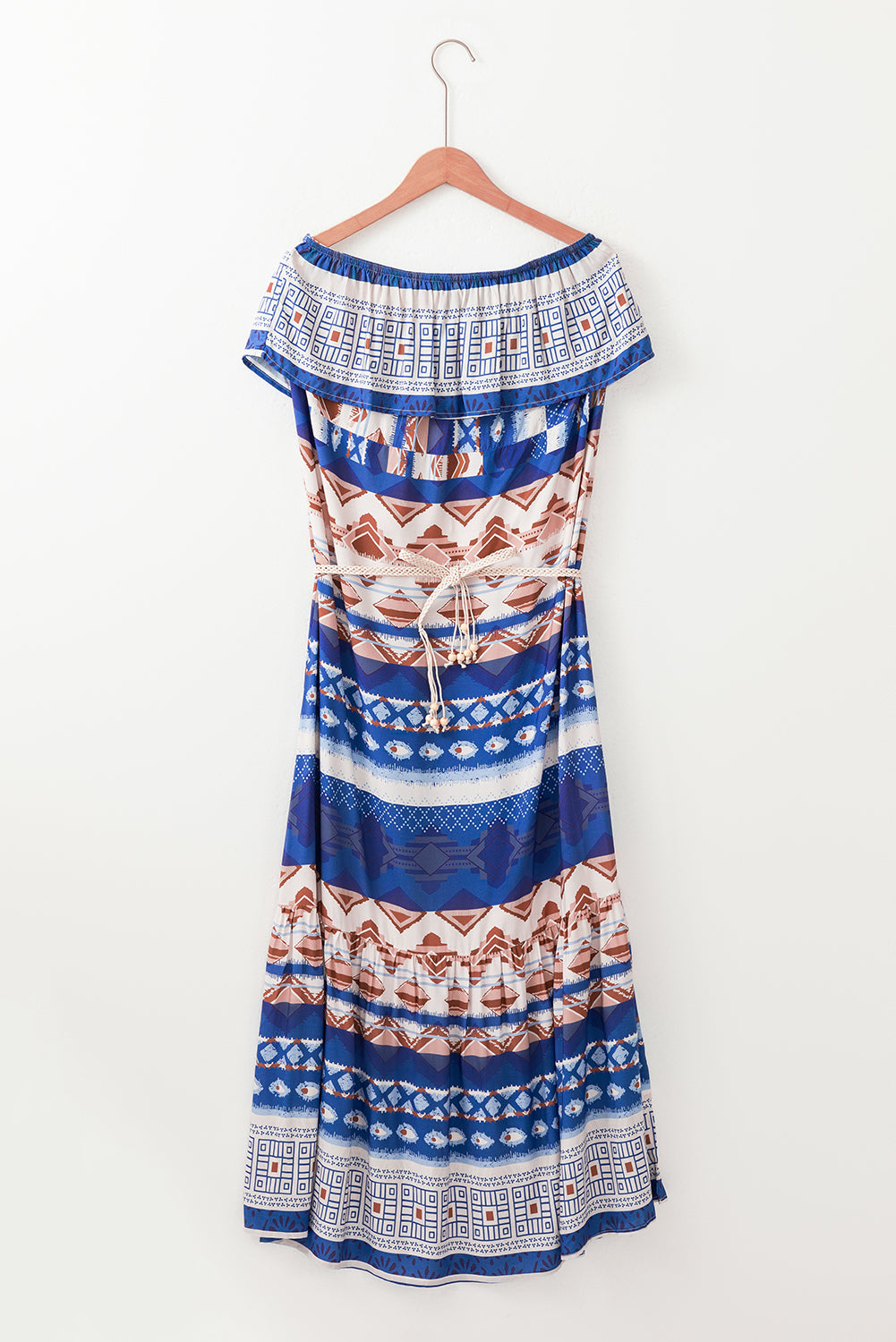 Blue Ethnic Print Ruffle Strapless Tie Waist Maxi Dress