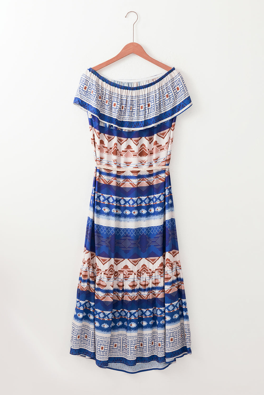 Blue Ethnic Print Ruffle Strapless Tie Waist Maxi Dress