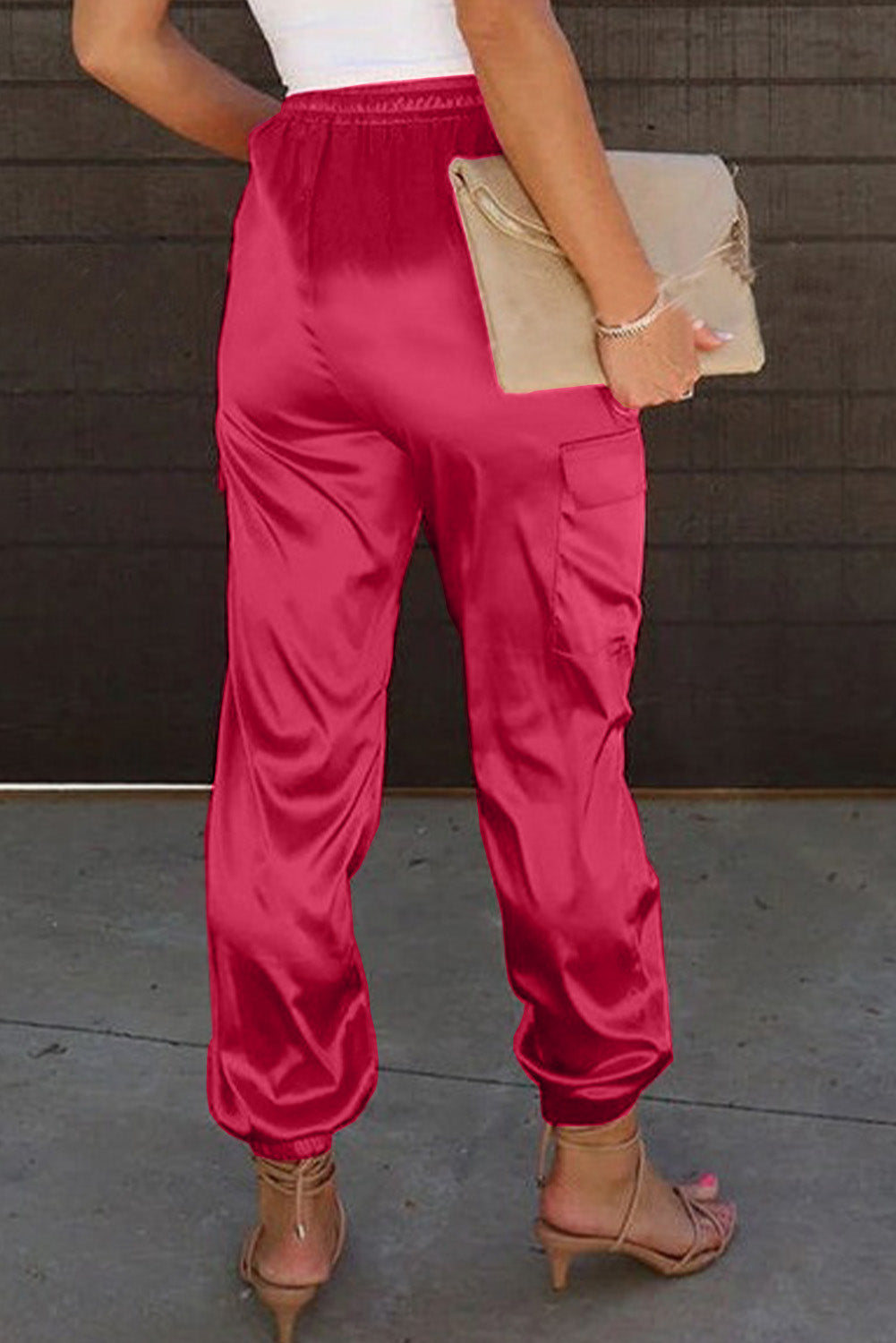 Rose Satin Pocketed Drawstring Elastic Waist Pants