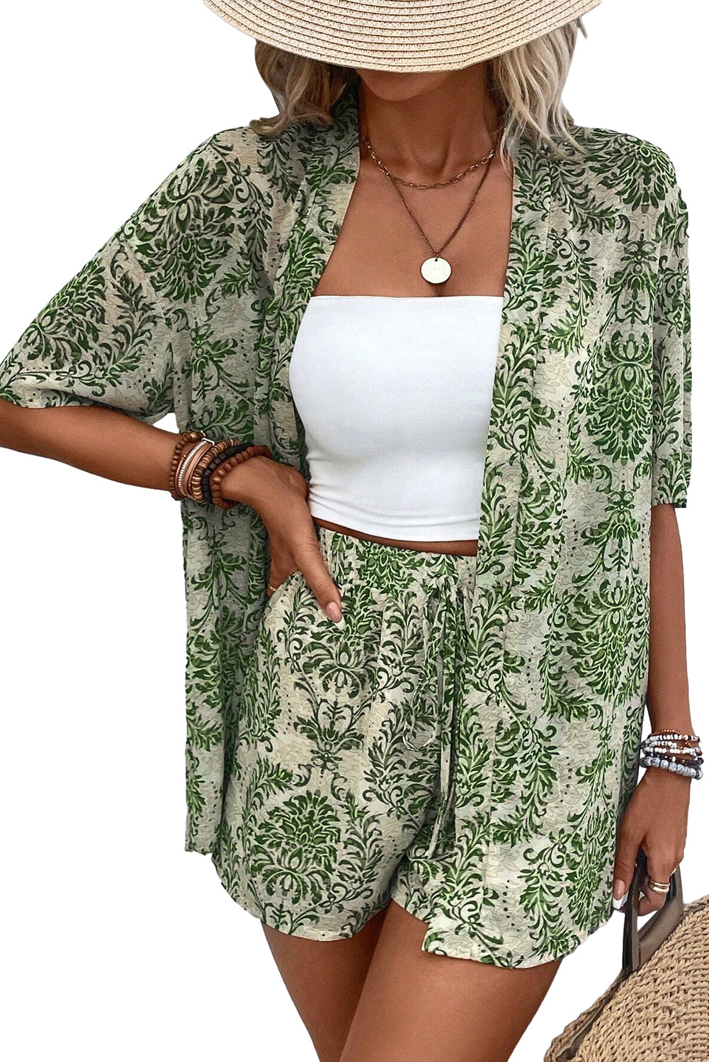 Green Vintage Floral Print Open Top and Shorts Outfit