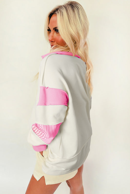 White Colorblock Striped Split Neck Collared Sweatshirt