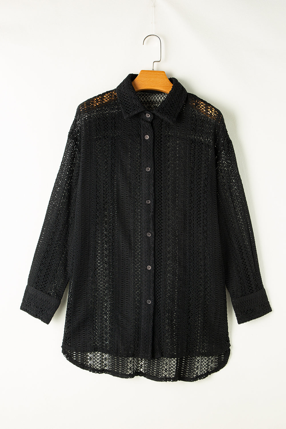 Black Lace Crochet Collared Tunic Oversized Shirt