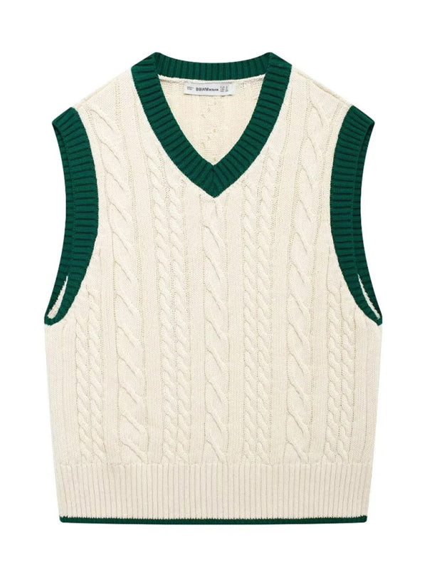 New Contrast Cable Knit Vest Sweater