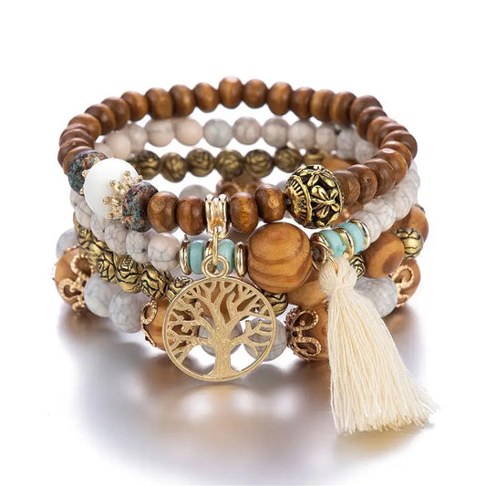 Tree of Life Round Plate Multilayered Tassel Beaded Bracelet